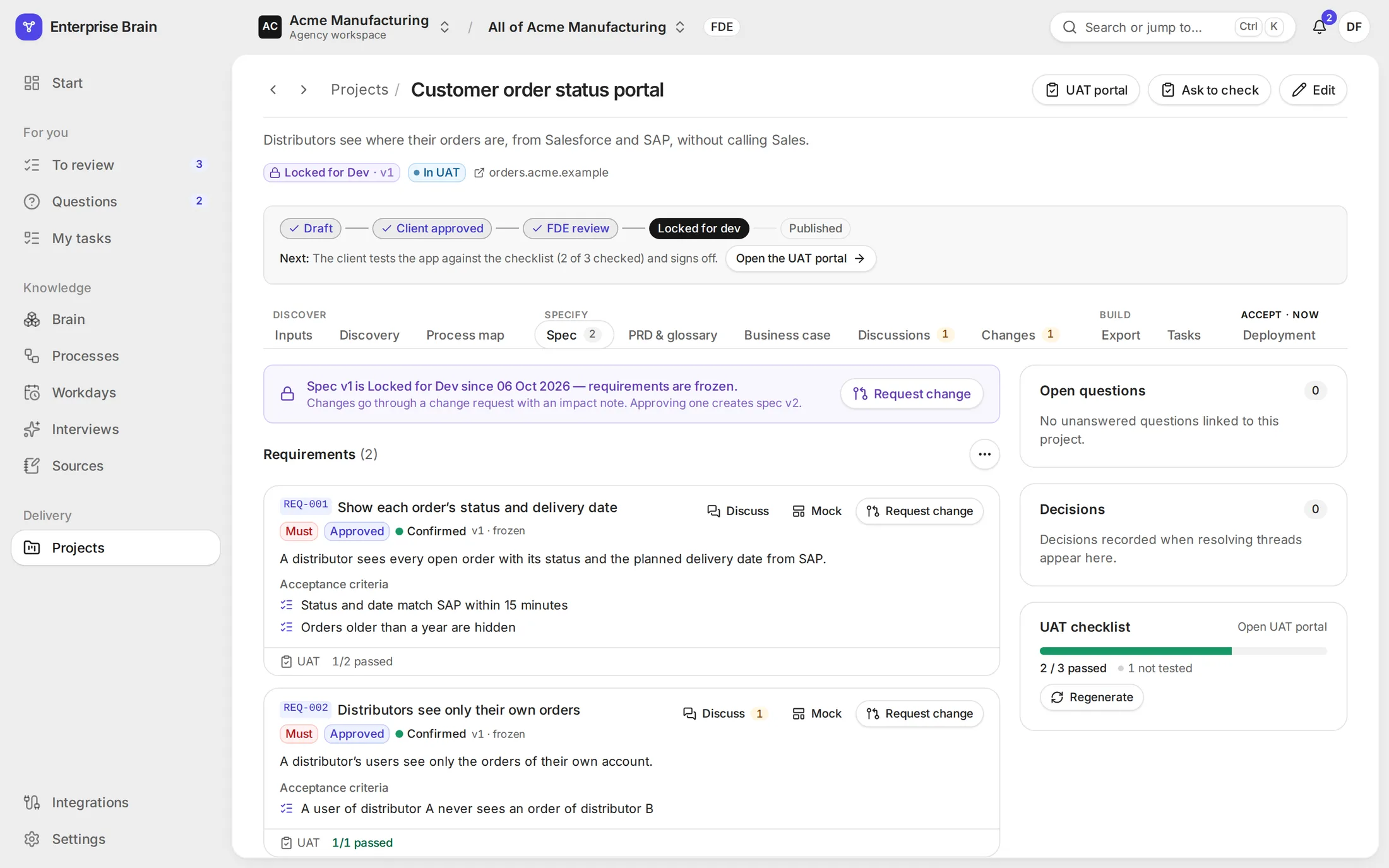 The spec of the Acme demo's customer order status portal, locked for development at version 1: two approved requirements with their acceptance criteria and test results, and the acceptance checklist at 2 of 3 passed.
